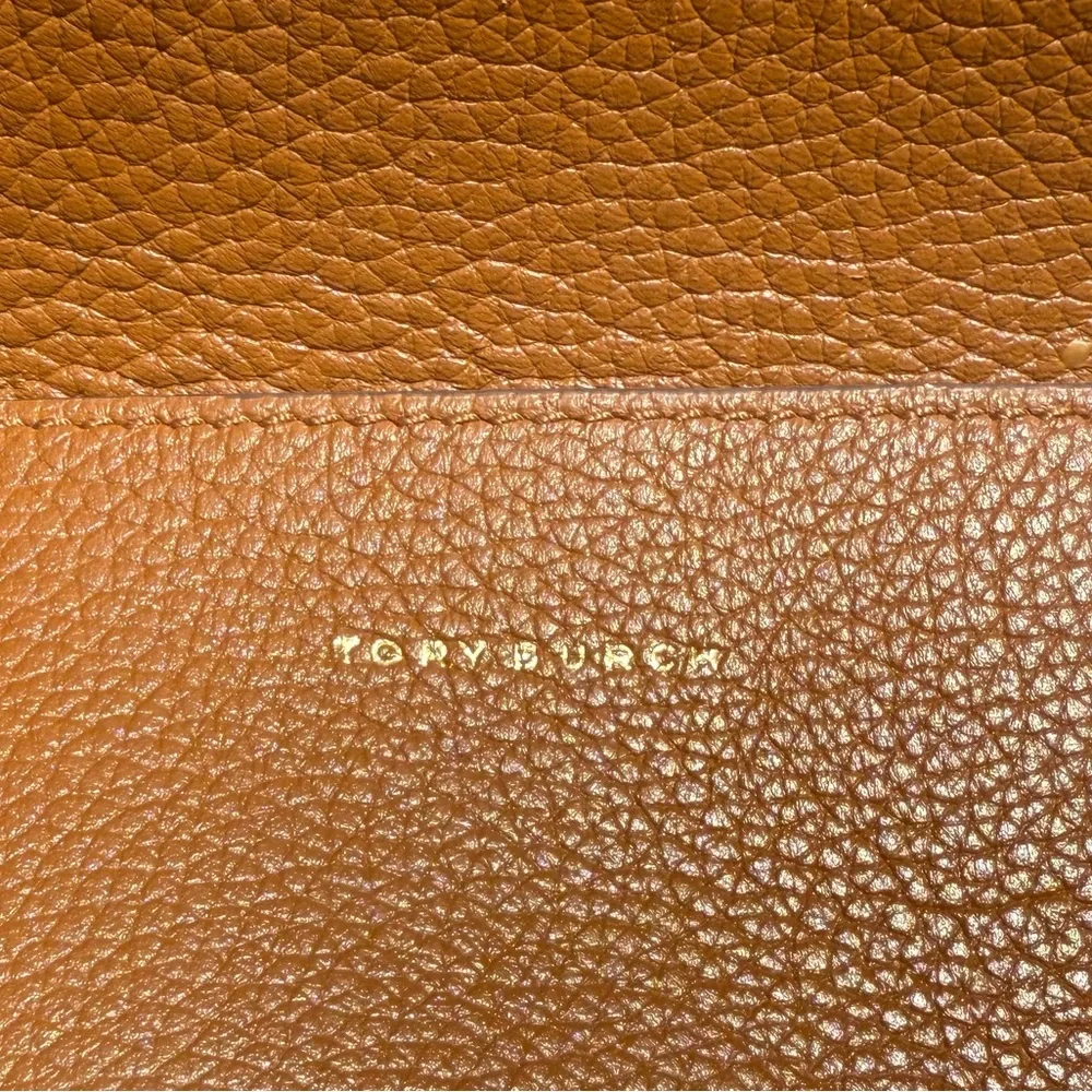 Tory Burch‎ Perry Tote Tan Pebbled Leather Brown Pink Interior Gold Logo Bag